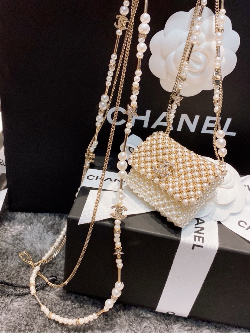 CHANEL Pearl-Embellished Mini Bag in White and Gold